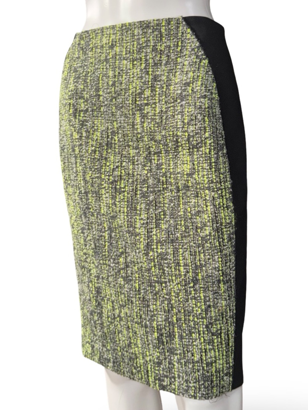 NWOT Elie Tahari Tweed Front Colorblock Pencil Skirt Chartreuse Black, 0